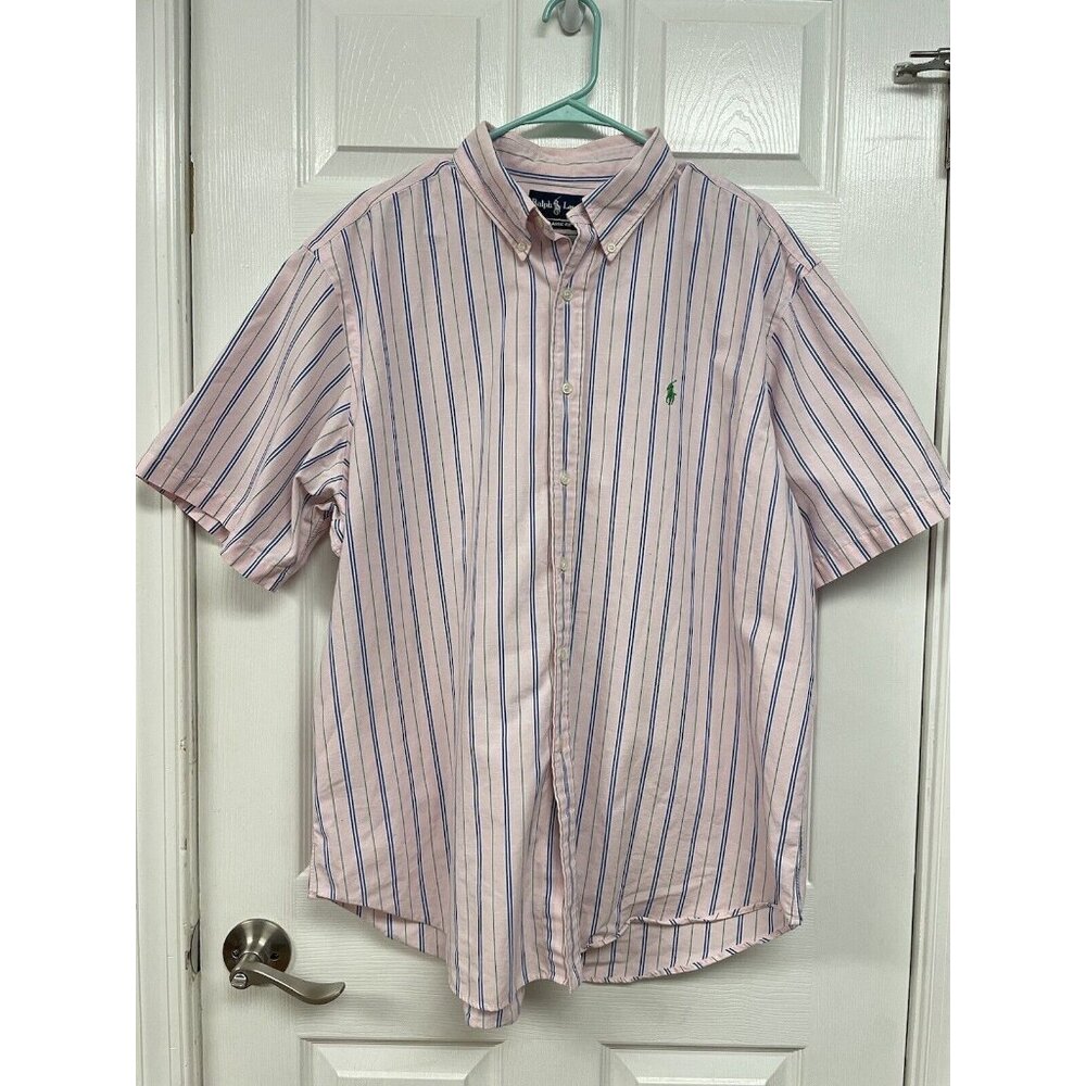 Ralph Lauren Men's 2XL Pink Striped Button Down Classic Fit Short Sleeve Shirt